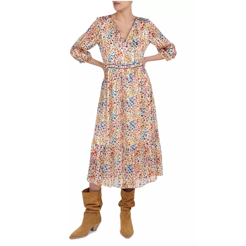ba&sh Floral Print Midi Dress‎ Women Size M Tie Neck Long Sleeve